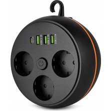 Askılı Model Akım Korumalı Makaralı Priz, 190CM Kablo, 3 Prizli 3 USB 1 Type-C 16A 4000W Termal ve Kısa Devre Korumalı 100-250V Çoklu Priz Kablo Sarıcılı Priz Model | 3395 Siyah