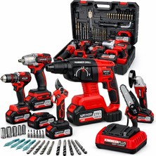 Plus 21V Li-Ion 6’lı Profesyonel Akülü Kombo Set – Kırıcı Delici Hilti, 13MM Metal Mandren Vidalama, Devir Ayarlı Taşlama, Somun Sıkma, Şarjlı Testere ve Budama Makası – 3 Bataryalı Tam Takım