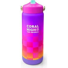 High 650 ml Kız Çocuk Sarı Mor Dama Desenli Çelik Suluk/matara (Pipetli) 38303