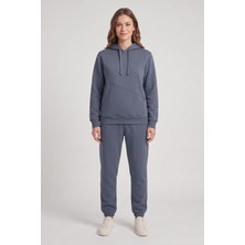 Machi Makiteks Füme Koyu Gri Kadın 3 Iplik Şardonlu Asimetrik Kesik Cepli Kapüşonlu Paçası Lastikli Eşofman Takımı - Sweatshirt ve Eşofman Altı Ikili Takım