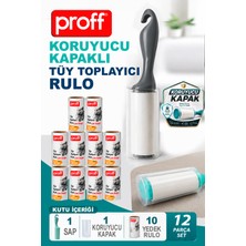 proff Hijyenik Kapaklı Tüy ve Toz Toplayıcı - 12 Parça Stokluk Set (1 Sap + 1 Kapak + 10 Adet 50 Yapraklı Yedek)