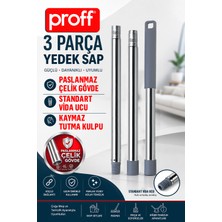 proff 3 Parça Paslanmaz Çelik Yedek Sap 110 cm - Mop, Fırça, Çekçek ve Paspas Uyumlu Standart Vida Başlıklı