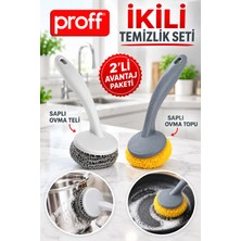 proff Ikili Temizlik Seti - Saplı Çelik Ovma Teli ve Çizmez Saplı Ovma Topu Bulaşık Süngeri