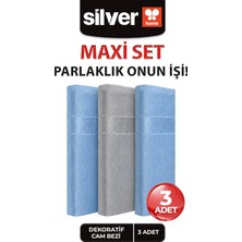 Silver Home 3'lü Mikrofiber Cam Bezi Gri Mavi 40X40 cm Iz Bırakmayan Sihirli Temizlik Bezi Seti