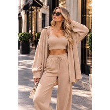 Tencelle Woman Kadın Bej Örme 3’lü Takım Gömlek Askılı Büstiyer ve Bol Paça Pantolon Set