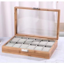 Muzeko Ahşap 12 Bölmeli Saat Kutusu Cam Kapaklı Saat Düzenleme Organizer HHT12 MZK40