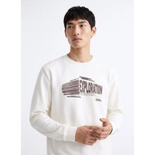 National Geographic N6WM-SWT4091 Ekru Relaxed Baskılı Erkek Sweatshirt