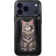 Nimmy Manyetik Standlı iPhone 18 Pro Max Uyumlu 3D Nakışlı Kedili Değiştirilebilir Kartlıklı Kılıf