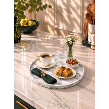 Betonmall Mermer Desenli Yuvarlak Kahve Sunum Tepsisi Dekoratif İkram Servis Tepsisi