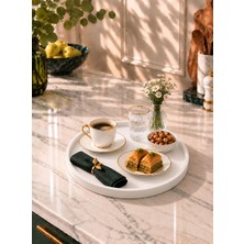 Betonmall Mermer Desenli Yuvarlak Kahve Sunum Tepsisi Dekoratif İkram Servis Tepsisi