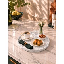 Betonmall Mermer Desenli Yuvarlak Kahve Sunum Tepsisi Dekoratif İkram Servis Tepsisi