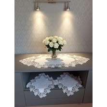 Valora Concept Fransız Dantelli Menekşe Model Keten Gardenya Lüks 3'lü Runner Salon Oda Sehpa Örtüsü
