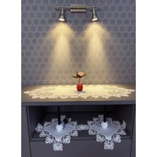 Valora Concept Fransız Dantelli Gelincik Model Keten Gardenya Lüks 3'lü Runner Salon Oda Sehpa Örtüsü