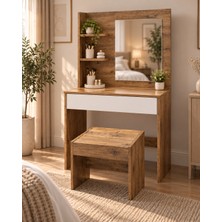 Alfa Miro Etna Aynalı Çekmeceli Makyaj Masası 150X90 Cm- Atlantik Çam- Beyaz - Tabureli