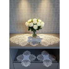 Valora Concept Fransız Dantelli Mila Model Keten Gardenya Lüks 3'lü Runner Salon Oda Sehpa Örtüsü