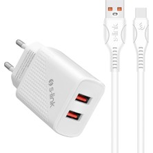 S-Link SL-EC50T 5V 2.4A Hızlı Şarj Adaptörü Type-C Kablolu 2 USB Beyaz Renkli