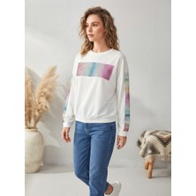 Daisy Tasarım Kadın Beyaz Bisiklet Yaka Tasarım Detaylı Rahat Kesim Günlük Sweatshirt / Üst Giyim