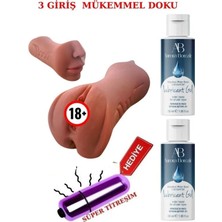 Aşkın Deposu Süper Silikon 3 Girişli Orl Vagina Anl Esmer   Xxl  Ağız Dil ve Diş Yapısı Et Dokusunda Suni Mastrbatör Xxl Büyük Boy 2*50ML Jel 10 Mod Titreşim Hediyeli
