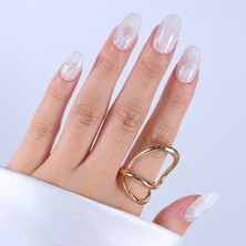 Takma Takma Beyaz Nail Art Kısa Oval 10'lu Tekrar Kullanılabilir El Yapımı Protez Takma Tırnak EKOV-3548 Gümüş-S