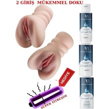 Aşkın Deposu Deromeya Health- 700 gr Çift Girişli Anal ve Vajinal Masturbatör Gerçek Detaylara Sahip Suni Vajna 10 Mod Titreşim 3*50 ML Sade  Jel Hediyeli