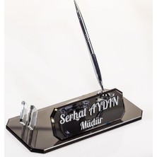 Ofistike Rodos Gümüş Kabartma Yazılı Masa İsimlik 24x12cm Siyah Renk Ofis Masa İsimliği