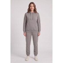 Machi Makiteks Gri Kadın 3 Iplik Şardonlu Asimetrik Kesik Cepli Kapüşonlu Paçası Lastikli Eşofman Takımı - Sweatshirt ve Eşofman Altı Ikili Takım
