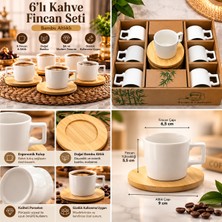 6'lı Beyaz Kahve Fincanı Seti – Bambu Altlıklı Şık Tasarım