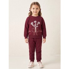 Deniva Kids Kız Çocuk Bordo Çiçek Nakışlı Paçası ve Beli Lastikli Rahat Kalıp 2'li Takım