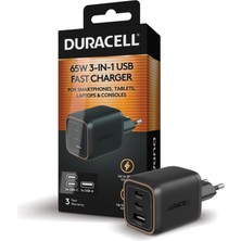 Duracell 65W Pd 2 Usb-C + 1 Usb-A I 3 Port Hızlı Şarj Adaptörü Siyah