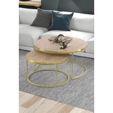 Quattro Home 2'li Yuvarlak Orta Sehpa Seti Ceviz ve Gold Metal Ayaklı