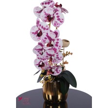 Yapay Çiçek Sitesi Metal Altın Saksıda Yapay Premium Orkide Tanzimi 50 cm Mor Benekli