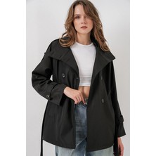 Shopping Shop Dik Yaka Kısa Trençkot Sıyah