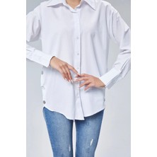 Emmas Clothing Yan Düğme Detaylı Asimetrik Kesim Beyaz Kadın Gömlek