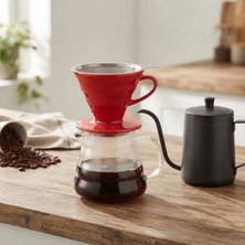Artizan Mutfak V60 Profesyonel Seramik Filtre Kahve Demleme Seti Çelik Fitre 600 ml (Kırmızı)