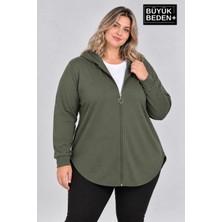 Limitless Wear Kadın Büyük Beden Fermuarlı Kapüşonlu Uzun Oval Etek Uçlu Hırka AFK26BHR93