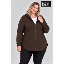 Limitless Wear Kadın Büyük Beden Fermuarlı Kapüşonlu Uzun Oval Etek Uçlu Hırka AFK26BHR93