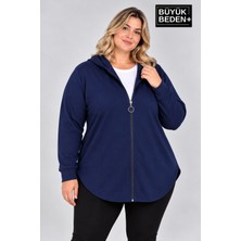 Limitless Wear Kadın Büyük Beden Fermuarlı Kapüşonlu Uzun Oval Etek Uçlu Hırka AFK26BHR93