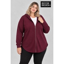 Limitless Wear Kadın Büyük Beden Fermuarlı Kapüşonlu Uzun Oval Etek Uçlu Hırka AFK26BHR93