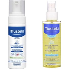 Mustela 150 ml Konak Önleyici Köpük Şampuan ve 100 ml Bebek Bakım Masaj Yağı Seti İçerir