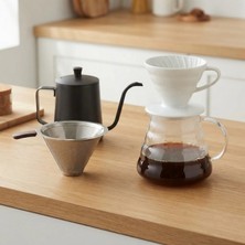 Artizan Mutfak V60 Profesyonel Seramik Filtre Kahve Demleme Seti Çelik Filtre 600 ml (Beyaz)