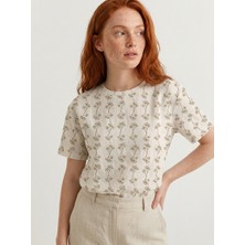 New Boudoir Floral Desenli Bej Pamuklu Keten Bluz