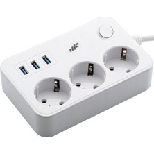 MF Product Jettpower 0370 Akım Korumalı 2 m Uzatma Kablosu Beyaz 3 USB'li 3'lü Grup Priz Anahtar Özellikli