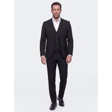 White Stone Siyah Sivri Yaka 6 Drop Regular Fit Yelekli Erkek Takım Elbise