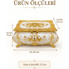Rasha Collection Beyaz Kabartma Işlemeli Gold Detaylı Vintage Aynalı Takı Kutusu Büyük Boy