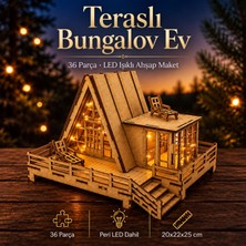 Algwood Teraslı Bungalov Ev 3D Ahşap Maket Puzzle LED Işıklı 36 Parça Dıy Dekoratif Ev Seti
