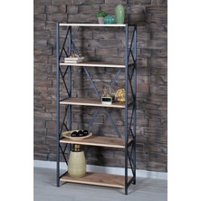 Luxury Tesettur Metal Kitaplık Ceviz Renk 5 Raflı Modern Tasarım Suntalam Malzeme 150 cm