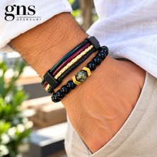 Gns Aksesuar Çok Renkli Deri&doğal Taş Kombin 2 Li Erkek Bileklik Set 22 cm (Türk El Üretimi)