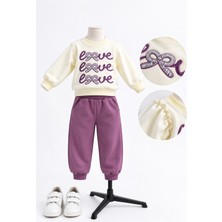 Joy Kids Kız Çocuk 3 Iplik Şardonlu Taşlı Kız Takım (2-5yaş) (Krem-Mor)
