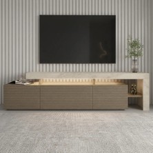 İnarch Dizayn Beliz Modern LED Işıklı 3 Kapaklı, Raflı Tv Sehpası – 192 cm, Traverten/Sıcak Meşe
