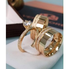 Alyans Model Zarif Işıltı Gold Alyans & Tektaş Seti